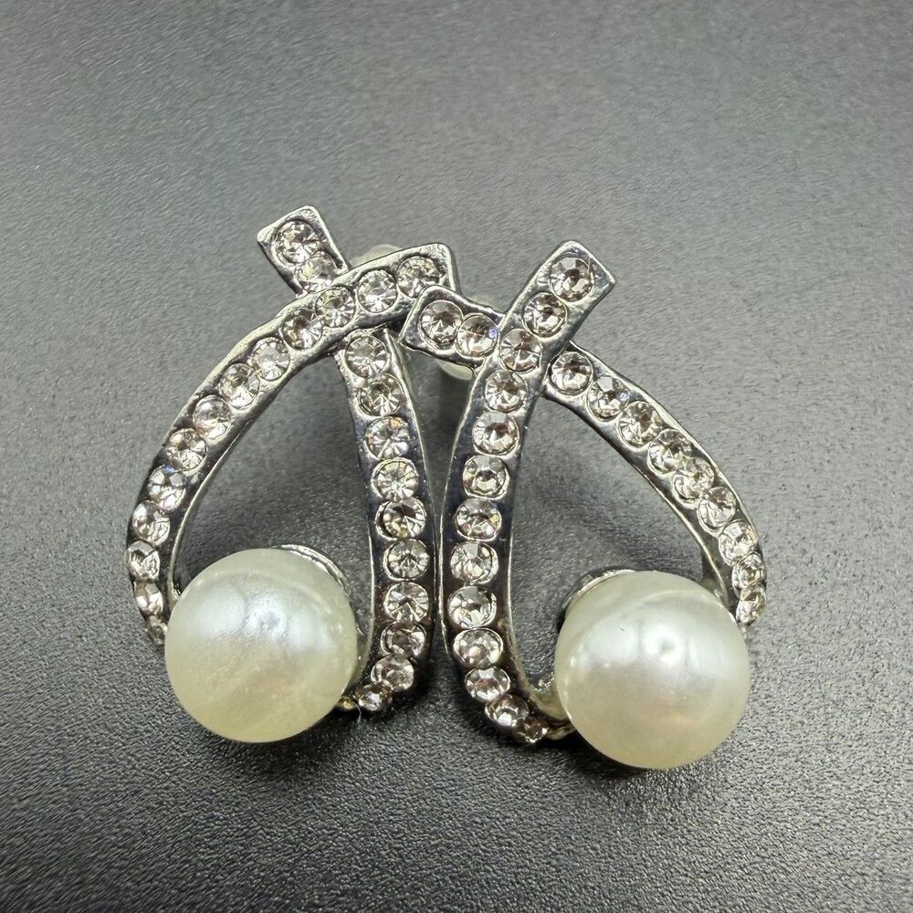 Vintage Silver Tone Faux Pearl Rhinestone Stud Earrings Crystal Cross Loop Gift